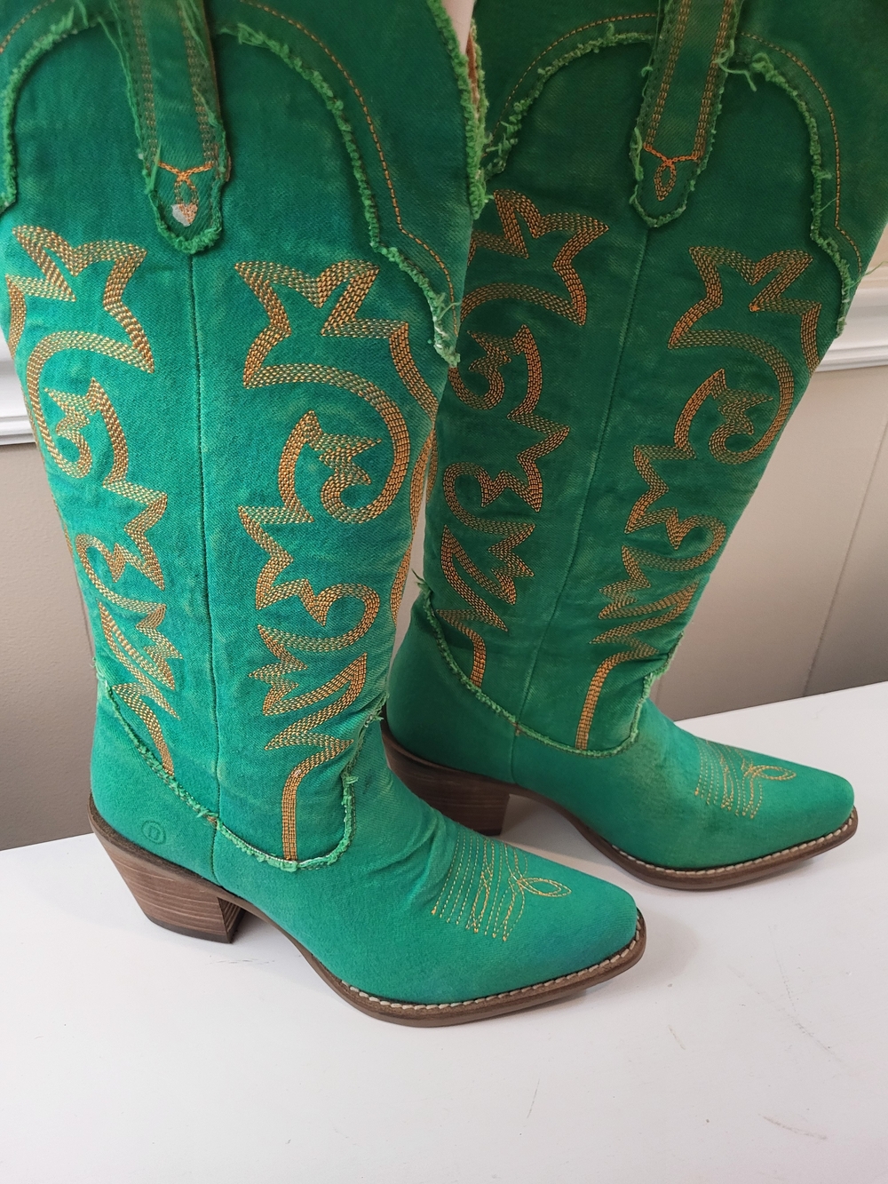 Nwt, dingo Green Denim Western Knee-High Boots with Gold Embroidery, Size 7